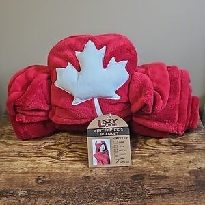LAZY One Kritter Kids Red White Maple Leaf Hooded Fleece Blanket 40"×50"